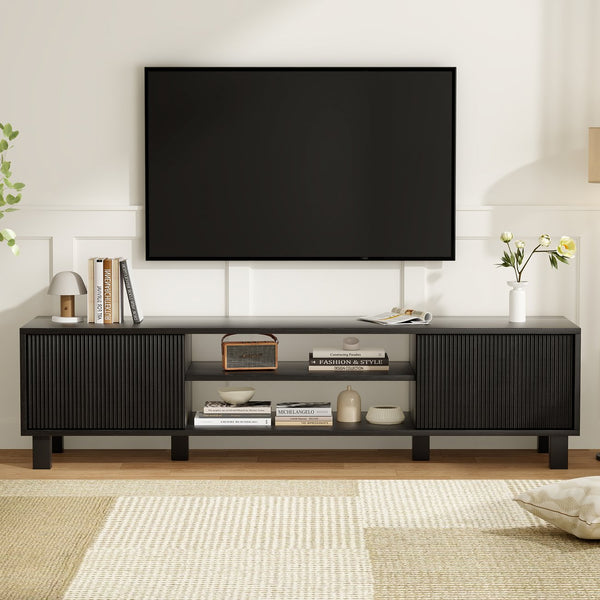 English Elm Modern Low Profile Media Console with Open Shelving and Concealed Cabinet Storage Black T3623P435424