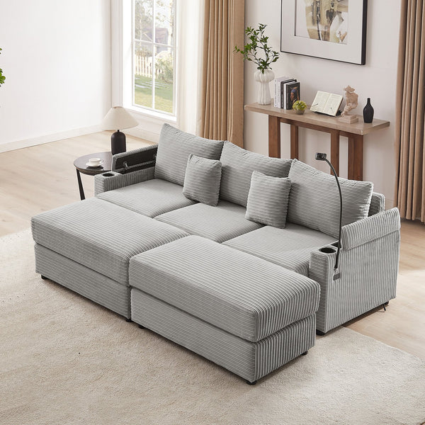 English Elm 95.3" Modern 3-Seater Sectional Sofa With Storage, Usb Ports & Movable Ottomans For Cozy Living Room N719S001613E