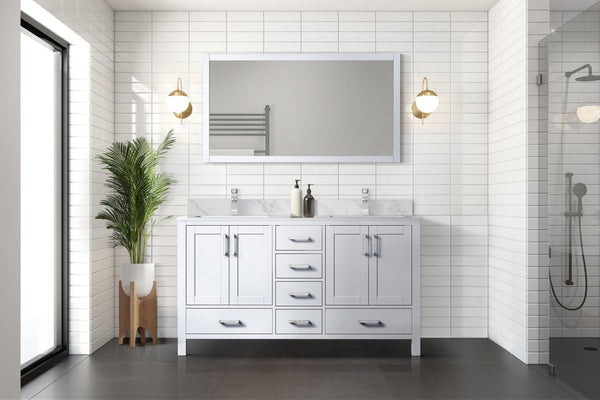 English Elm White Double Bath Vanity Set With Carrara Marble Top, Soft-Close Drawers & 58-Inch Mirror Included B2731S00695-GIGA