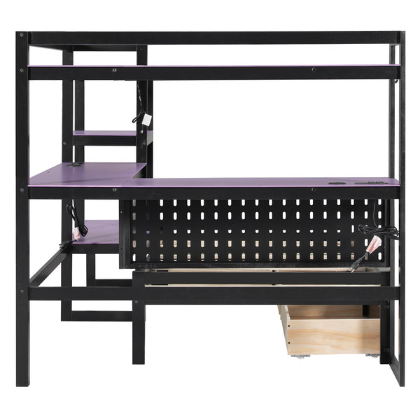 English Elm Twin Gaming Daybed with Led Strips Desk Pegboard Bookcase and Three Storage Drawers Purple+Black N820S00083I