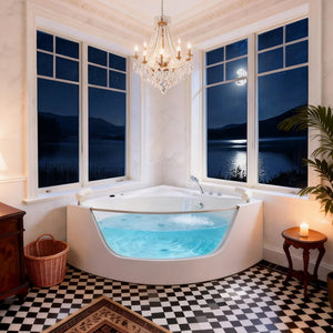 English Elm Korra Two Person Corner Whirlpool Tub Acrylic 16 Jet Spa with Heater and Chromotherapy W5619P449939