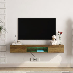 English Elm Floating 65" TV Stand with 16-Color LED Lights, Wall-Mounted Floating Shelf Brown, Sturdy Load-Bearing Mounting W1321P188134
