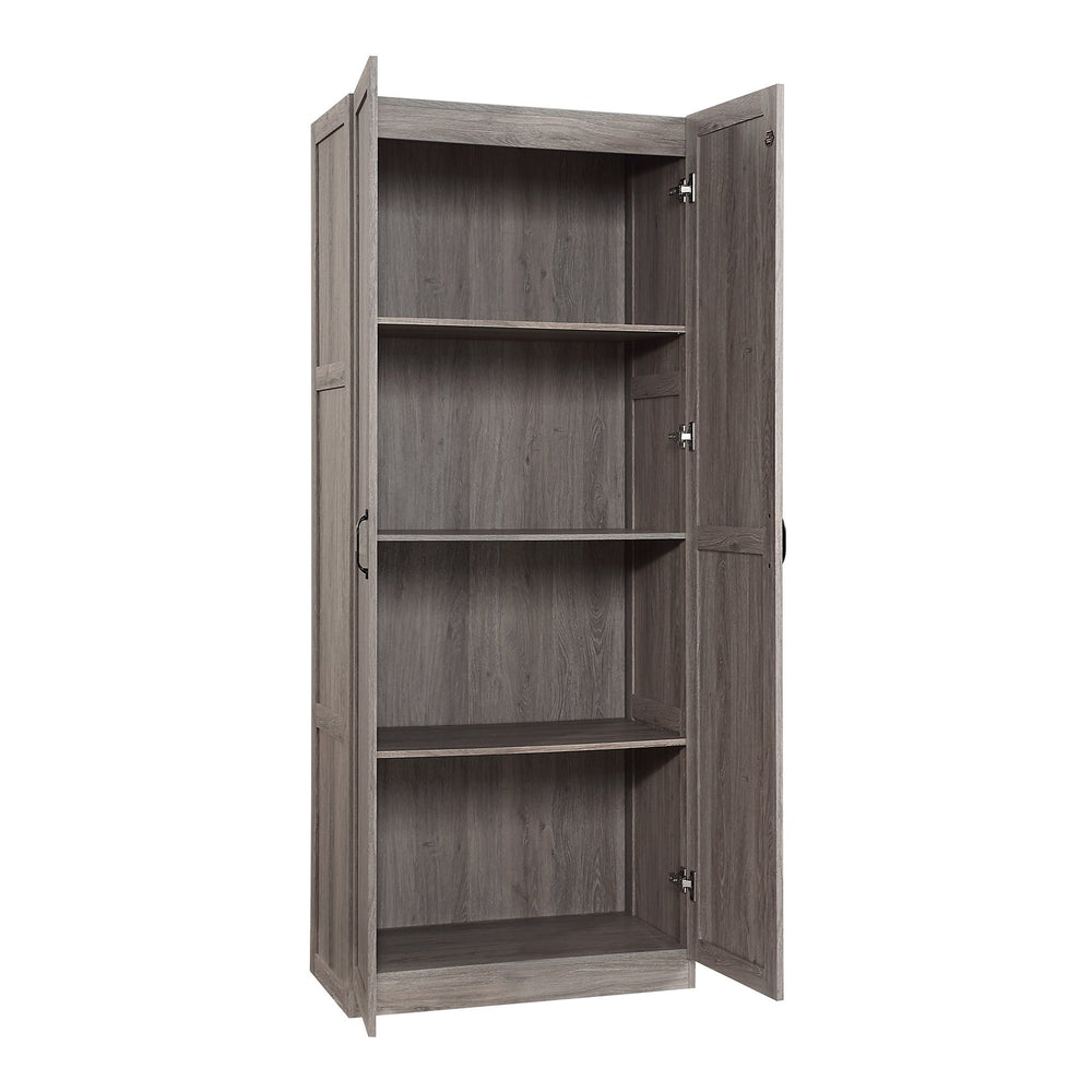 English Elm Hopkins Tall Storage Cabinet with 4 Adjustable Shelves, Soft-Close Doors & Black Metal Pulls Grey B365P398309