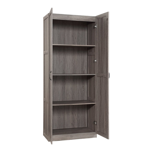 English Elm Hopkins Tall Storage Cabinet with 4 Adjustable Shelves, Soft-Close Doors & Black Metal Pulls Grey B365P398309