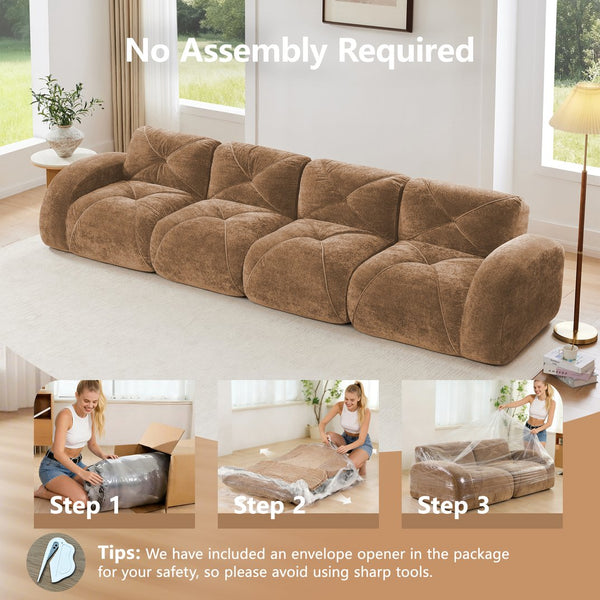English Elm 140''soft Velvet Modular Cloud Sofa Tufted Plush Seating for Living Room or Home Theater Camel W714S01600
