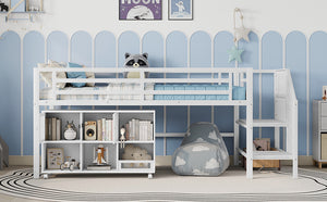 English Elm Twin Metal Loft Bed with Stairs and Six Storage Cubbies, Sturdy Metal Slat Support, Safe Low Design for Kids White 75.2 L x 17.72 W x 9.45 H W2593P305721