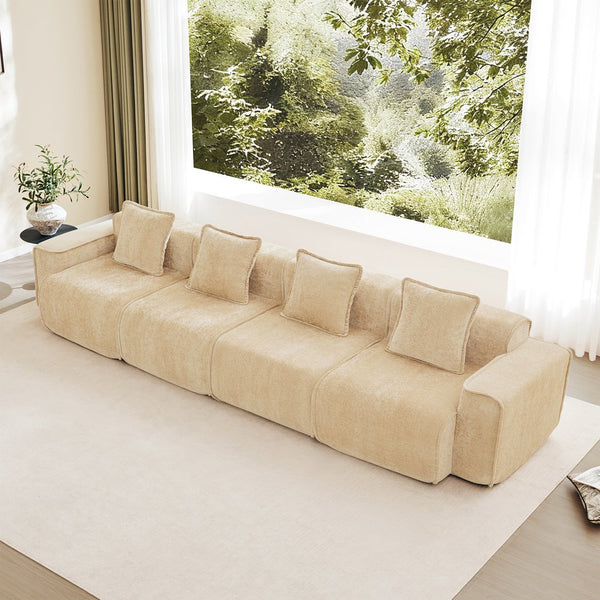 English Elm Streamlined Velvet Modular Sofa Four Seat Deep Cloud Foam French Piping Living Room Light Camel W3041S00354