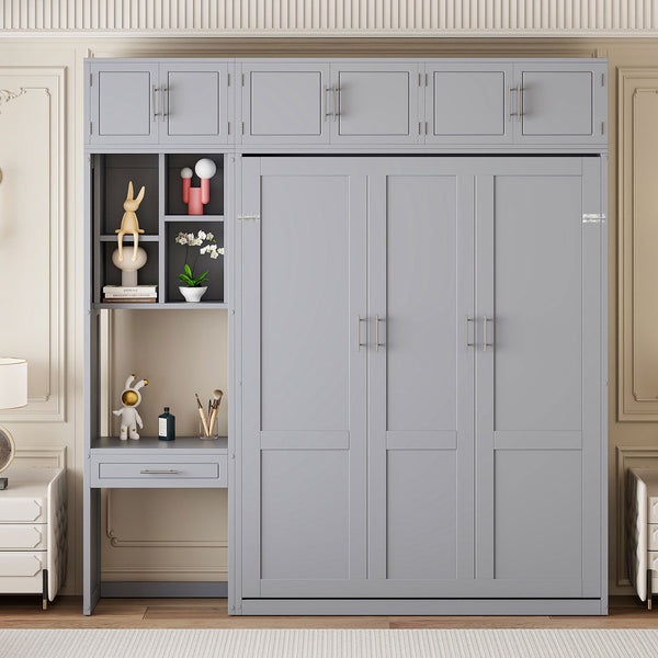 English Elm Queen Murphy Bed with Integrated Desk Cabinet Shelves Space Saving Studio Solution Gray N708S00021E-1