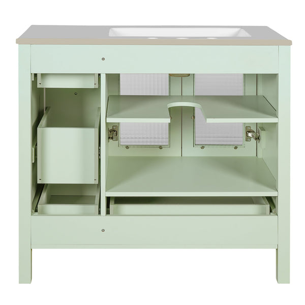 English Elm 36" Green Bathroom Vanity with Waffle Texture Doors, 4 Drawers, Glass Panels, Soft-Closing, Modern Storage N710P280025C