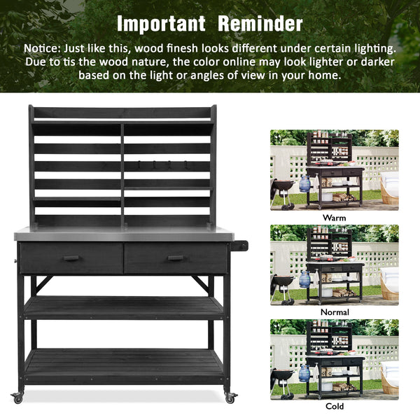 English Elm K&K 64.9" Outdoor Potting Bench with 1.2" Stainless Steel Top, Lockable Wheels, Hutch & Drawers Black N707P228274B