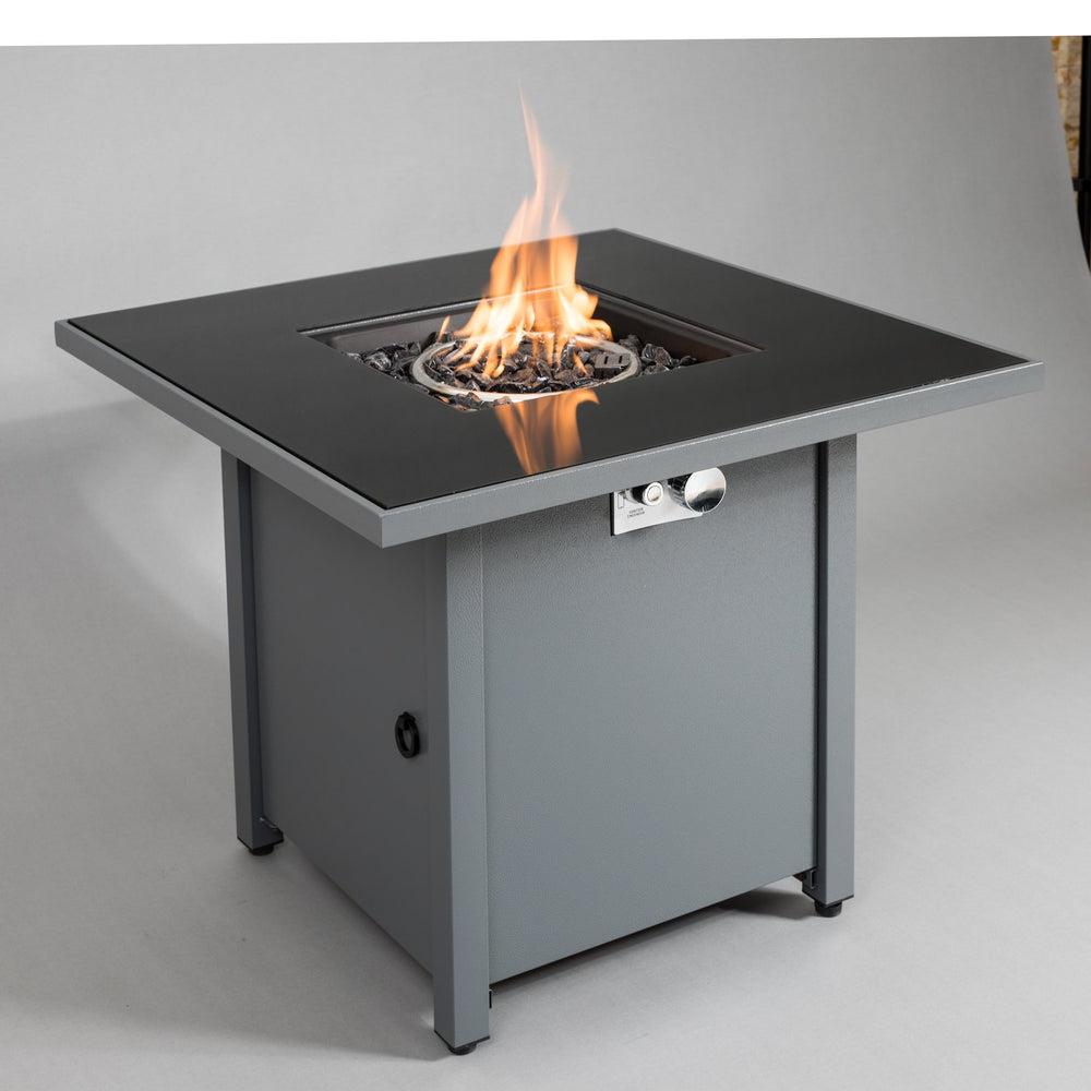 English Elm 25" Gray Steel Outdoor Fire Pit Table with Lid — 30" W Smoked Glass Top, Push-Button Ignition, Propane-Compatible B120P247514