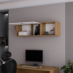 English Elm Roslyn Wall-Mounted Cabinet with Lift-Up Door and Open Shelf — Natural Oak & White Modern Storage B128P287526