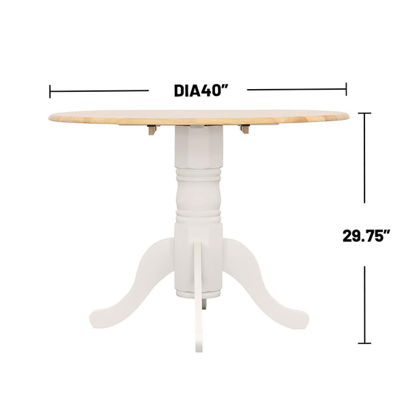 English Elm Round 40-inch Drop Leaf Dining Table White & Natural — Space-Saving Pedestal Base, Elegant Curved Legs, Cozy Cafe Style B016S00037
