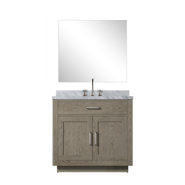 English Elm Grey Oak Single Bath Vanity Set With Carrara Marble Top, Mirror & Faucet - Modern Elegance Redefined! B2731S01955