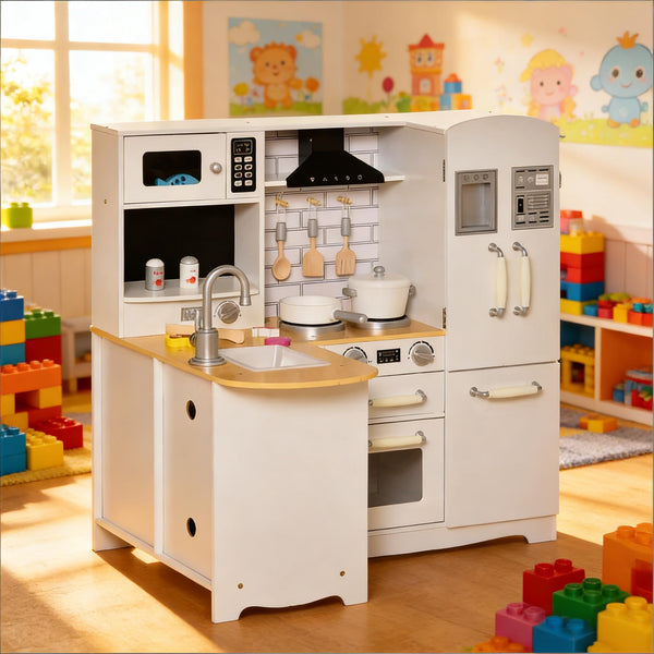 English Elm Large Kids Play Kitchen Set White Mdf with Fridge Microwave Sink Pretend Cooking T3971P440795