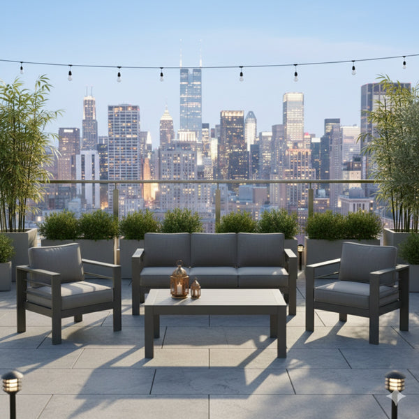 English Elm All-weather Outdoor 4 Piece Iron Conversation Set with Olefin Cushions and Wood Grain Table Gray B082S00104