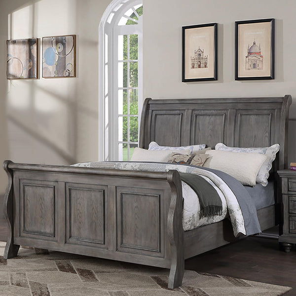 English Elm Grey Sleigh Design Queen Bed with 3-Panel Headboard in Antique Gray Oak Finish — Transitional Barn Style Bedroom B011S01396