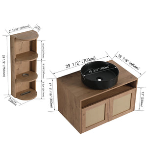 English Elm 30" Floating Bathroom Vanity Oak Finish Ceramic Vessel Sink Soft Close Plywood Cabinet W999S00502