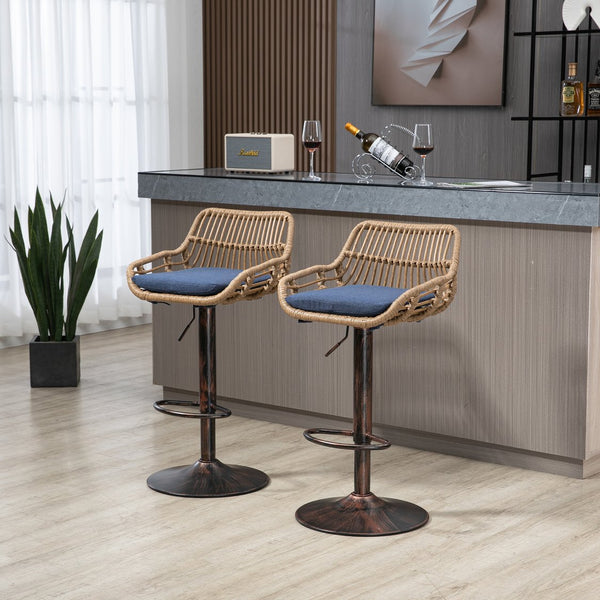 English Elm Modern Swivel Bar Stools Set of 2 Adjustable Counter Height Chairs with Linen Seat, Retro Rattan Back, 360° Rotation and Footrest, Vintage Gold Base, Durable Indoor/Outdoor Seating (Seat Height 25.6–33.9") Blue W39594821