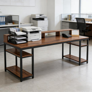 English Elm Computer Desk Two Person Wood Grain Workstation with Drawers for Shared Home Office T3971P453681