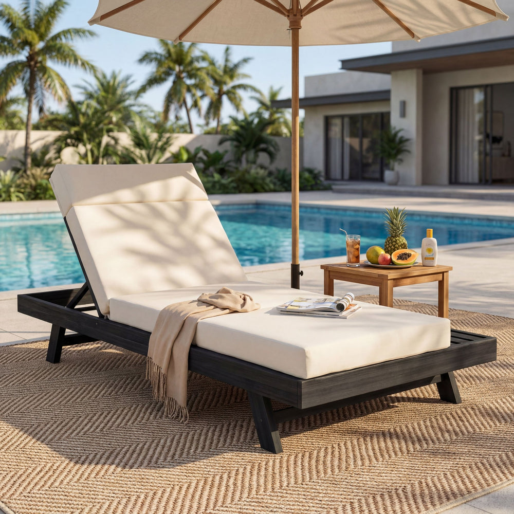 English Elm Lounge Chaise Outdoor Acacia Wood Slatted Frame with Water Resistant Cushion Resort Style Black,Cream N770P442B67C