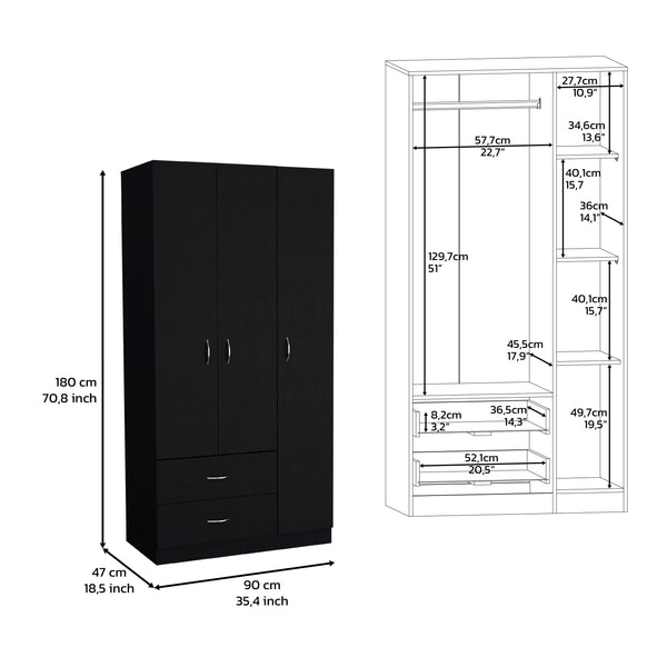 English Elm Bosko Three Door Wardrobe Armoire with Drawers Hanging Rod Black Wengue Finish B097S00224