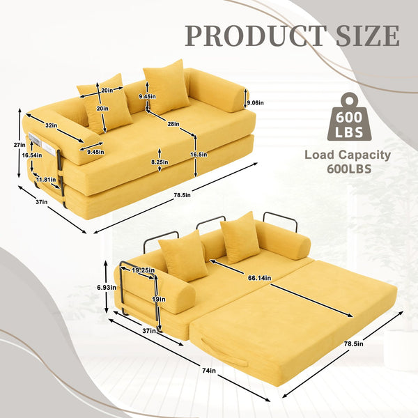 English Elm UNITED modular foldable sofa with metal frame, corduroy upholstery, side pocket & quick assembly convenience Mustard yellow W1568P375635