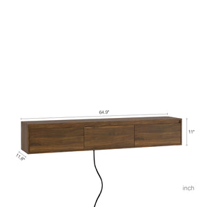 English Elm Floating Wall Mounted Tv Shelf with Led Lighting Power Outlets Gloss White Media Storage W1321P351884