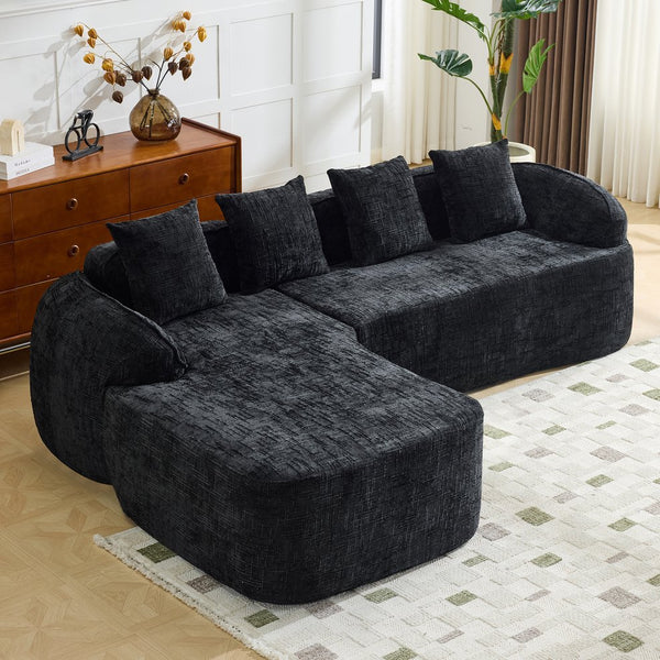 English Elm Beige Chenille L-shaped Sectional Sofa with Chaise Deep Seating and Curved Armrests Black W3612S00030