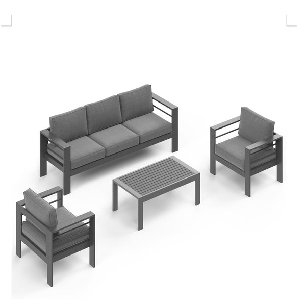 English Elm All-weather Outdoor 4 Piece Iron Conversation Set with Olefin Cushions and Wood Grain Table Gray B082S00104