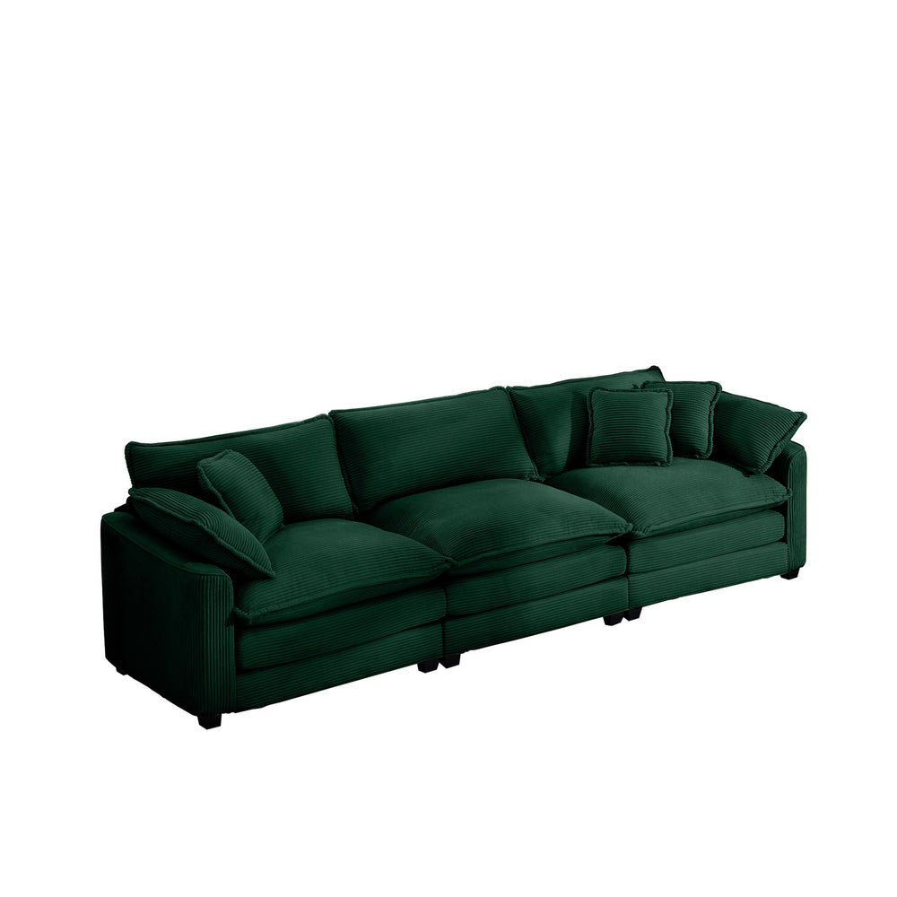 English Elm Mid-Century Modern Sectional Sofa - Plush Green Corduroy 3-Seater With Pillows For Ultimate Comfort W714S00815
