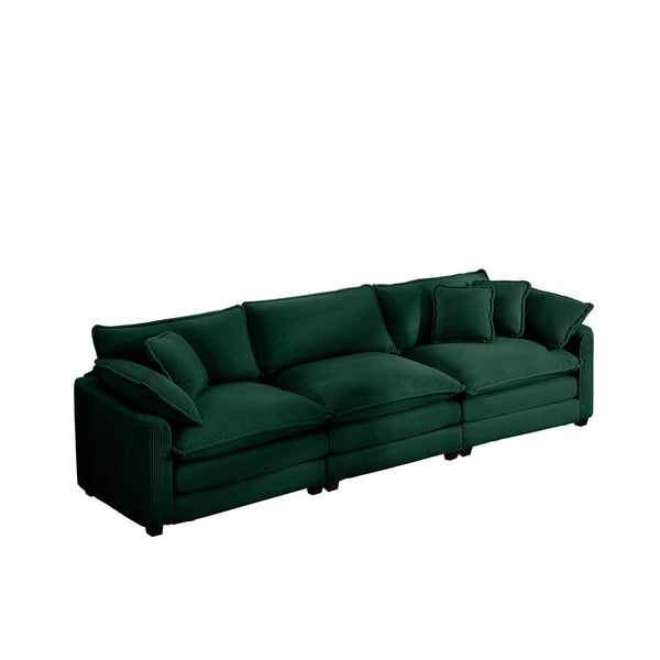 English Elm Mid-Century Modern Sectional Sofa - Plush Green Corduroy 3-Seater With Pillows For Ultimate Comfort W714S00815