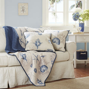 JLA Home Madison Park - Oversized Coastal Seashell Quilted Microfiber Throw — Plush Overfilled, Reversible Blue-Taupe Design MP50-1970