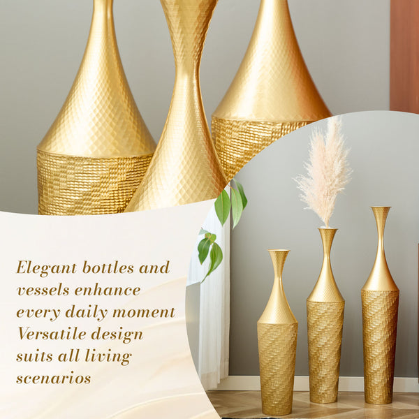 English Elm 3-piece Handcrafted Metal Floor Vase Set Matte Finish Architectural Trio for Entryway Gold W2796P446201