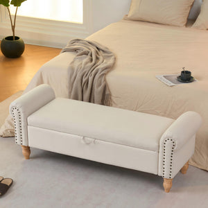 English Elm Storage Ottoman Bench Upholstered in Beige Fabric with Rolled Arms and Rubberwood Legs W3523P450228