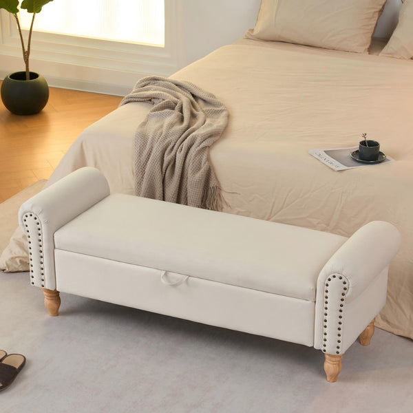 English Elm Storage Ottoman Bench Upholstered in Beige Fabric with Rolled Arms and Rubberwood Legs W3523P450228