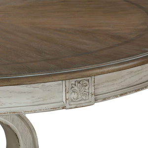 English Elm Dining Table 60 Inch Round Solid Wood Pedestal with Hand Carved Skirt and Inlay Antique White B2741P474004