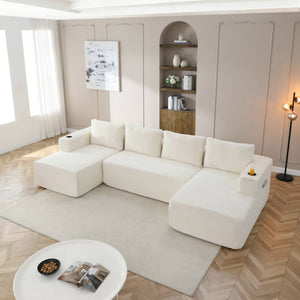 English Elm 132" Modular U Shaped Sectional Sofa with Corduroy Upholstery and Built in Cupholders W1117S00341