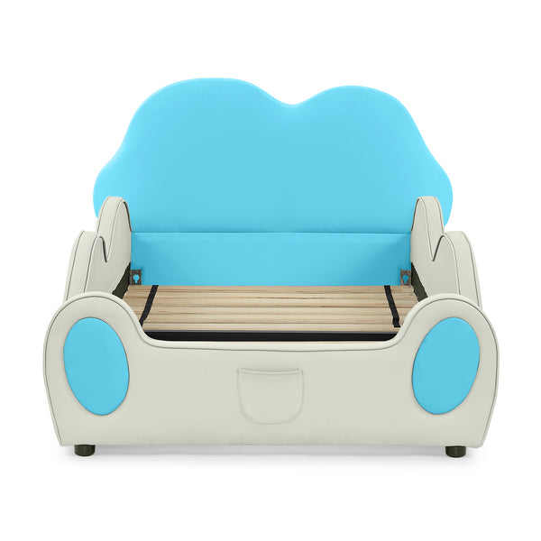 English Elm Twin Cloud Shaped Toddler Bed Upholstered Pu Leather with Guardrails and Storage Pocket Beige,Blue W1413S00187