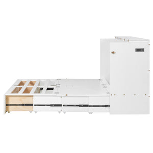 English Elm Queen Murphy Wall Bed with Drawers Usb Charging Ports Pulley Lift Mdf Cabinet White LP100671AAK-1