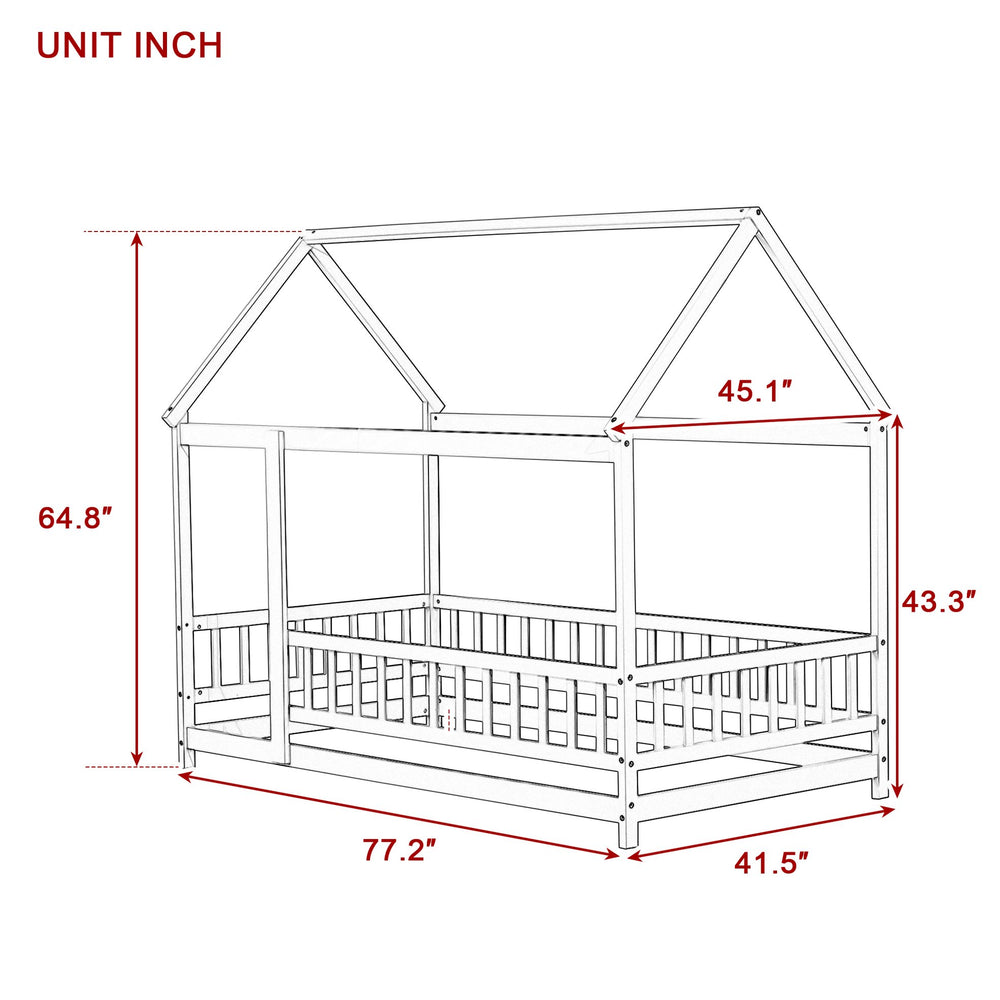 English Elm Twin House Bed Floor Frame Solid Rubberwood Guardrails Playhouse Nook for Kids W504P470124