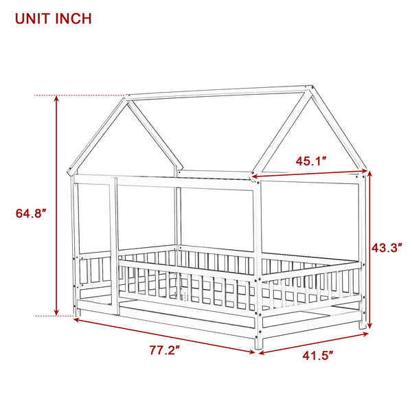 English Elm Twin House Bed Floor Frame Solid Rubberwood Guardrails Playhouse Nook for Kids W504P470124