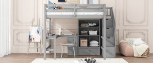 English Elm Full Full Size Loft Bed with L-Shaped Desk, Drawers, Cabinet and Staircase Storage for Space-Saving Rooms Gray GX000469AAE