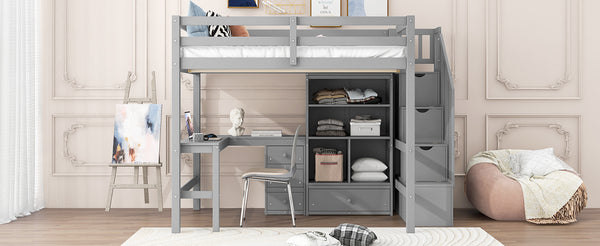 English Elm Full Full Size Loft Bed with L-Shaped Desk, Drawers, Cabinet and Staircase Storage for Space-Saving Rooms Gray GX000469AAE
