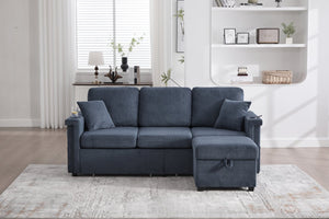 English Elm UNITED Corduroy L-Shaped Sectional Sofa with Storage Ottoman, USB Ports, Cup Holders & LED Lighting Navy W1568P332406