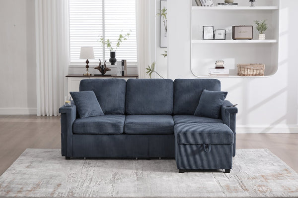 English Elm UNITED Corduroy L-Shaped Sectional Sofa with Storage Ottoman, USB Ports, Cup Holders & LED Lighting Navy W1568P332406