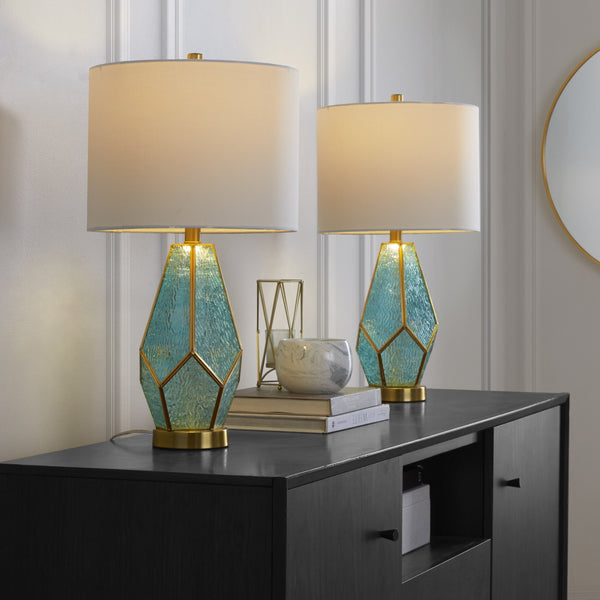 English Elm Glass Glam Table Lamp Set Two Linen Shade Nightstand Bedroom Accent Lighting Gold,Turquoise,White B202P471579