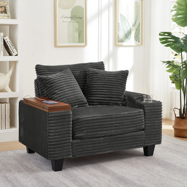 English Elm Fluffy Corduroy Single Sofa with Ottoman Bluetooth Speaker Usb Port and Rotating Tray W3705P476390