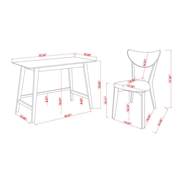 English Elm 2-piece Walnut Home Office Desk and Chair Set — Mid-Century Solid Hardwood Retro Desk with Grey Upholstered Seat B016P381015
