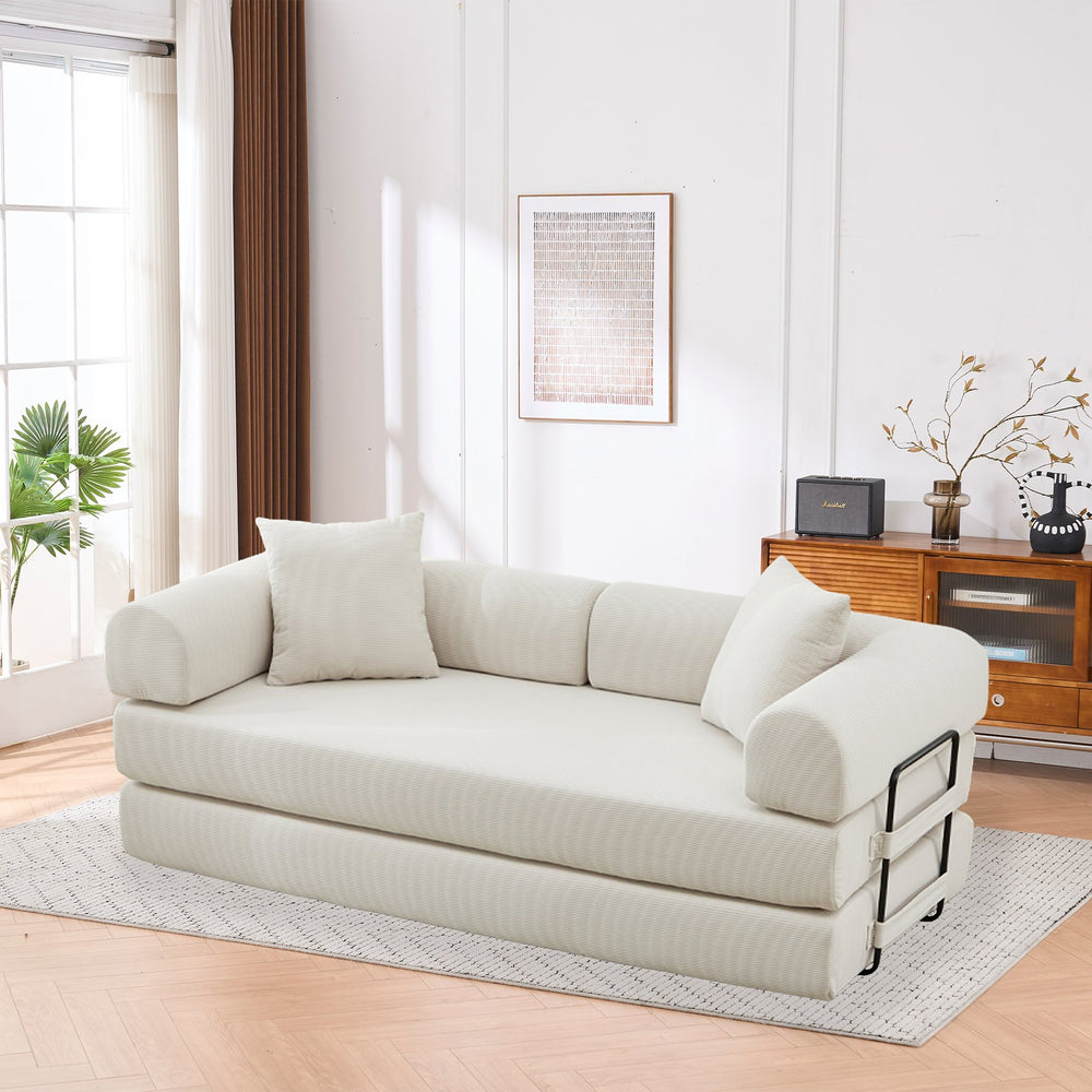 English Elm Folding Corduroy Futon Sofa Converts to Floor Mattress for Studio or Compact Living Beige W2915P391454
